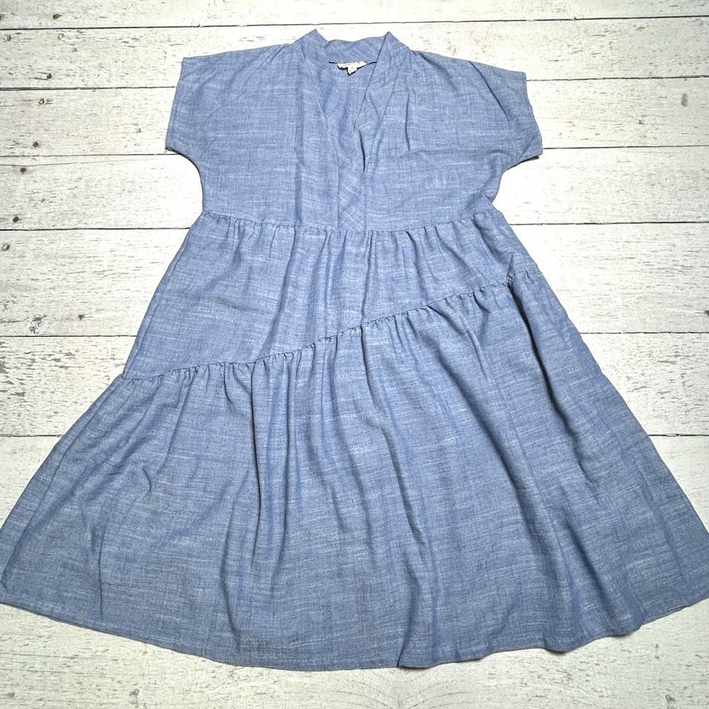 52Seven Womens Light Blue Denim Chambray Sleeveless Ruffle Midi Dress Size S